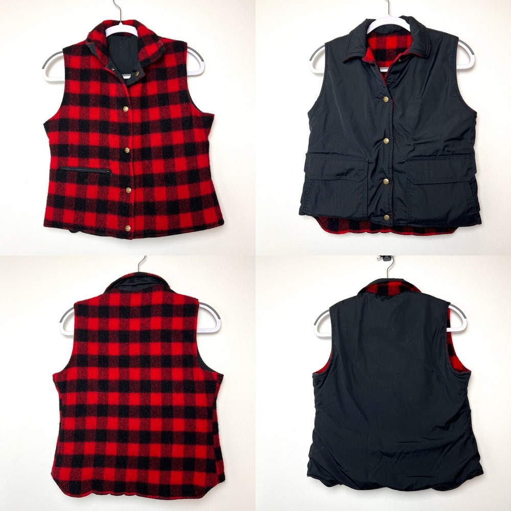 Vintage Woolrich Woman M Reversible‎ Vest Red Buffalo Plaid Wool Puffer Black